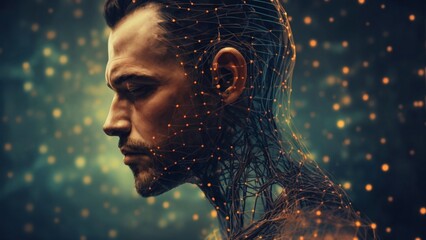 A man's head portrait with digital wireframe of lines and dots around his head. Future tech, ai, big data, web, cyborg, artificial intelligence illustration concept.
