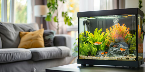 Modern fish tank with colorful fishes, water plants and decorations on a backdrop of sunlit living room. Aquarium as a part of modern home interior.