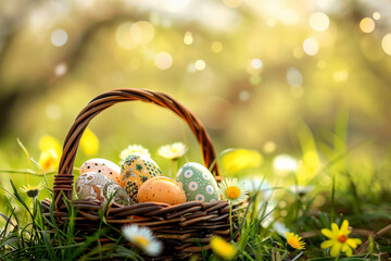 easter basket filled with easter eggs on grass