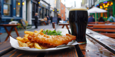 Delicious fish and chips on wooden table of outdoor cafe in Ireland. Crispy beer battered fish, fresh hot French fries and a glass of dark stout beer. Traditional Irish food. - obrazy, fototapety, plakaty