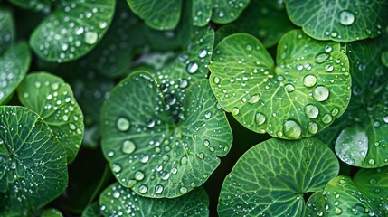 A detailed view of water droplets on the leaves of a gotu kola plant. - obrazy, fototapety, plakaty
