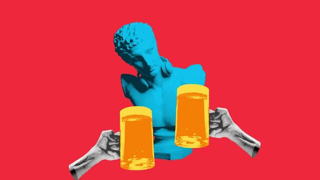Antique statue bus in headphones with hand holding beer mug over red background. Festival. Stop motion, animation. Concept of party, surrealism, alcohol drinks. Pop art. Noise, grainy effect