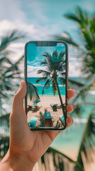 Close-up of a person holding a phone taking a picture of a beautiful tropical beach. Vacation and travel concept. Vertical banner.