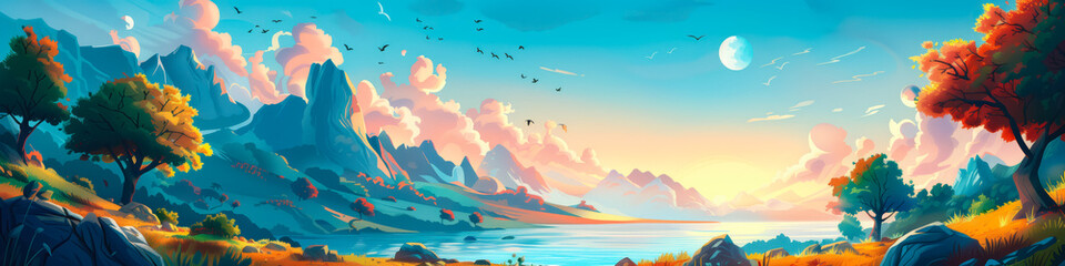 Banner natural landscape at sunset with blooming flowers and mountains. Spring time and travel concept