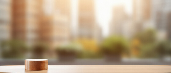Wooden table bokeh city view background, empty wood desk tabletop counter surface product display mockup with blurry cityscape lights abstract backdrop presentation. Mock up, copy space .
