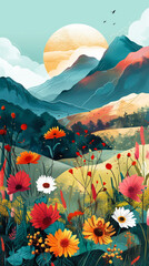 Stunning natural landscape with flowering plants and a mountain meadow in the background during a beautiful sunset. Springtime concept. Vertical Banner.