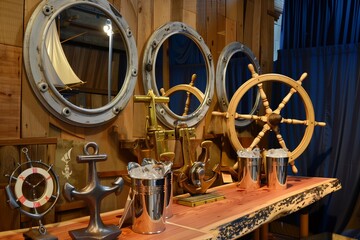 bar table with porthole mirrors, a ship wheel stand, and anchor ice buckets