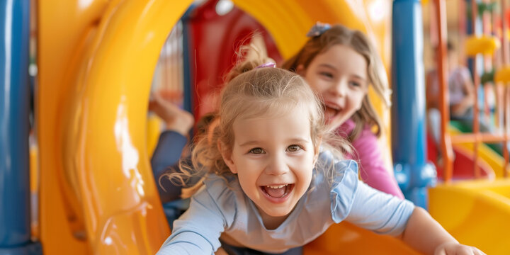 Happy cheerful kids having a blast at indoor play center. Children playing with color balls in playground ball pit. - Powered by Adobe