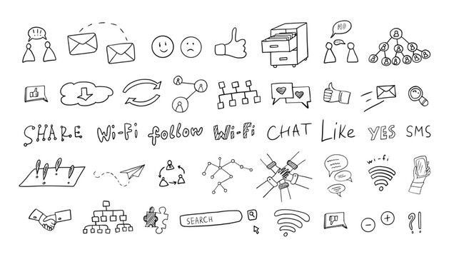 Set of social media elements in doodle style. Communication, follow, sms, share, internet, search, chat. Business. Hand drawn. Great for banner, posters, cards, stickers and professional design.