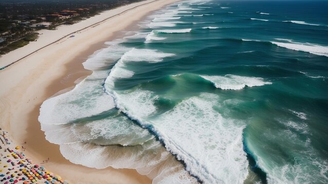 Scenic aerial view of a beach with ocean waves crashing on it. Beautiful seascape shot. Atmospheric sea coastal photography wallpaper illustration concept.