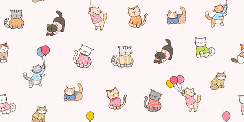 Seamless Pattern of Cute Cartoon Cat Design on Light Pink Background