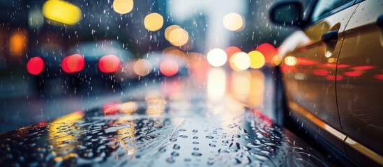 A vehicle navigates a rainsoaked road in the city. The asphalt glistens with water as automotive lights reflect off the wet surface