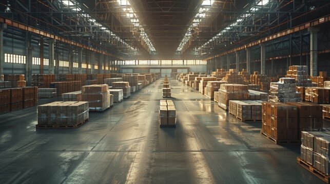 Spacious warehouse filled with merchandise pallets