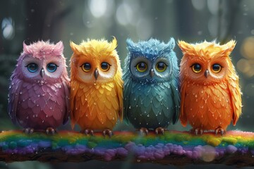 A rainbow sits on top of five cute owls