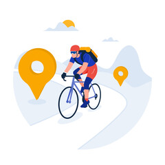 A vector character cycling with a bag on his back, finally reaching his intended location