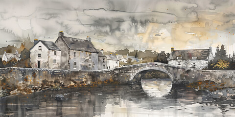 Watercolor illustration of a scenic Irish landscape. Cute postcard with a bridge over a small river...