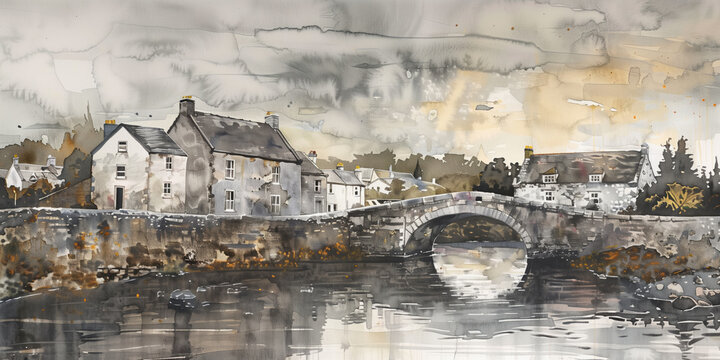 Watercolor illustration of a scenic Irish landscape. Cute postcard with a bridge over a small river and a few houses in Irish countryside.
