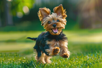 Energetic Yorkie Puppy Running in Green Field
