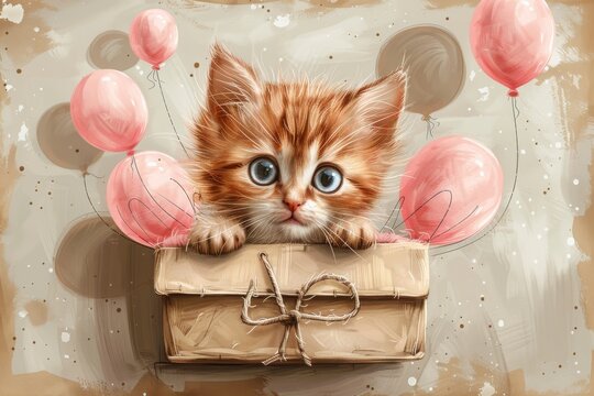 This cute cartoon kitten is riding a balloon in a box
