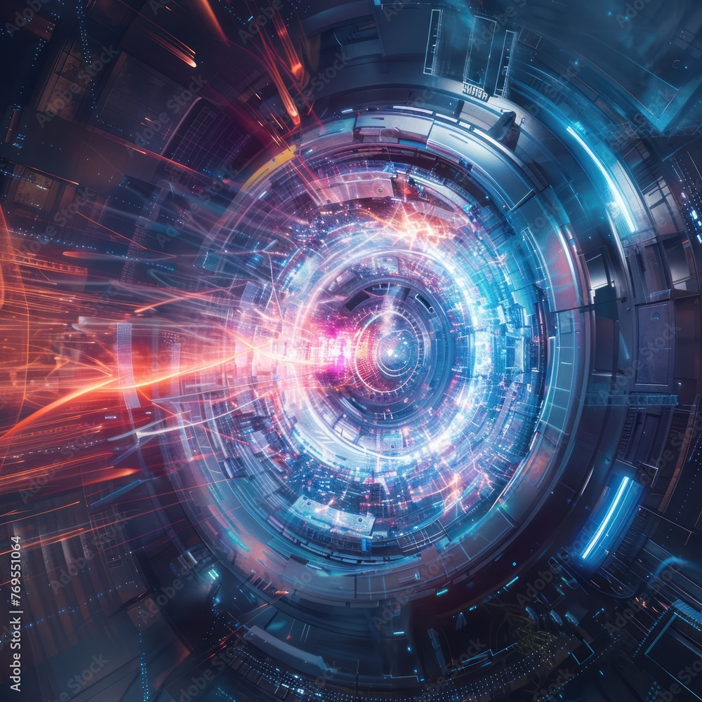 Poster futuristic vortex tunnel of streaming data and video fluxing blue background,generative ai