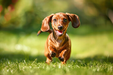 Small Brown Dog Running Across Lush Green Field