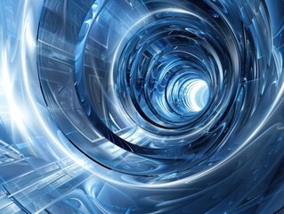Futuristic vortex tunnel of streaming data and video flux blue background,Generative ai