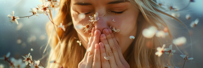 Young girl sneezing near blossoming flowers. Woman suffering from seasonal pollen allergy. - obrazy, fototapety, plakaty