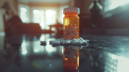 Prescription opioids, with bottle of many pills on the mirror light table. Concept of addiction, opioid crisis, overdose and medicine shopping. High quality image - obrazy, fototapety, plakaty