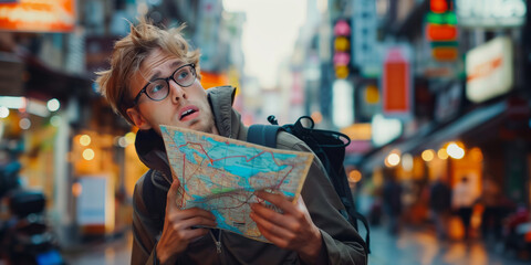 Confused male tourist struggling to find an object on a map while visiting small European town. Man looking at his map on the street of the city.