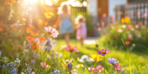 Colorful flowers blossoming in front of a big house with children playing on the background.