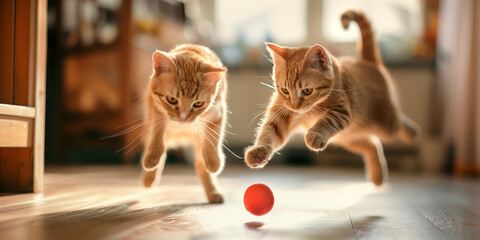 Naklejka na ściany i meble Ginger cat jumping around playing with a cat toy at home. Having fun with pets indoors. Super wide angle shot.