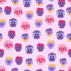 Seamless pattern with pansy flowers on a pale pink background. Vector graphics.