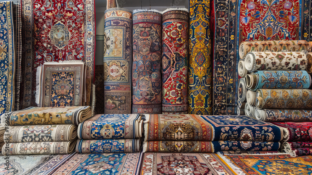 Poster high stacks of persian carpets showing diverse patterns and colors, representing the art of textile