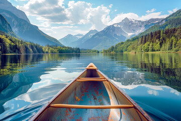 Canoeing Experience on a Tranquil Lake: Reflections of Mountains on the Water Surface - obrazy, fototapety, plakaty