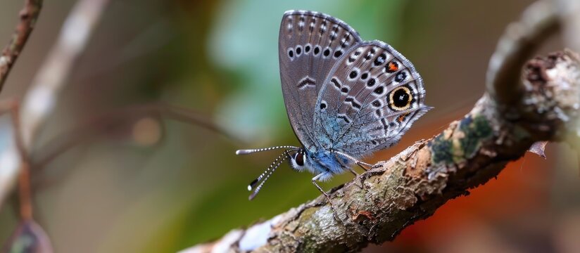 An electric blue butterfly, a pollinator insect, is perched on a tree branch, captured in a stunning macro photography event