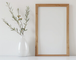 White Vase With Plant Next to Wooden Frame