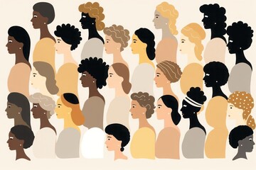 Illustration on the theme of racial diversity, which is reflected in a wide variety of skin tones and complexions dark, medium and light skin tones as well as different hairstyles, types and textures.