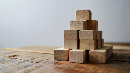 Wooden pyramid made of 15 blocks on a wooden table with a white background. Science, finance, business, marketing, graphic concept. Bokeh on the background.
