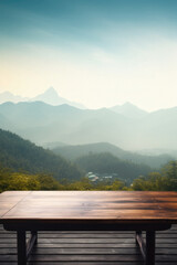 Naklejka na ściany i meble Wooden table mountains bokeh background, empty wood desk surface product display mockup with blurry nature hills landscape abstract travel backdrop advertising presentation. Mock up, copy space .