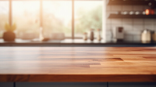 Wooden kitchen home table bokeh background, empty wood desk tabletop food counter surface product display mockup with blurry cafe abstract backdrop advertising presentation. Mock up, copy space .