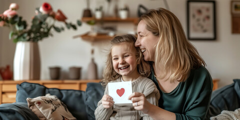 Beautiful blonde mom and her cute child holding a card with kids drawing on sunny day in cozy living room. Celebrating Mother's Day.