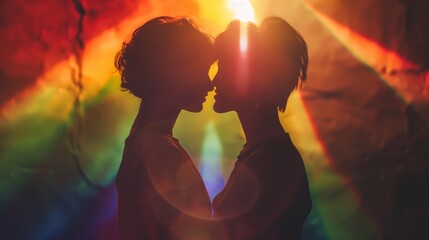 couple kissing on pride background - obrazy, fototapety, plakaty
