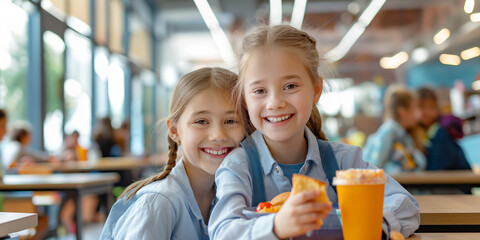 Two cute ten years old girls sitting at the table in school cafeteria. Young students having food during lunch break in dining hall.