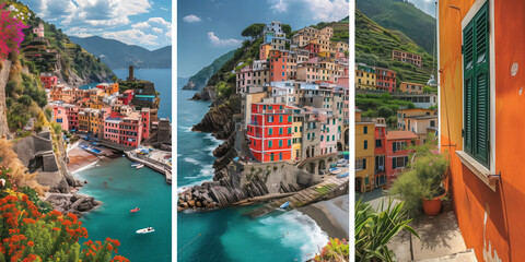 Collage of three vibrant photos of typical Italian landscapes. Mediterranean vacations, holiday destinations in Italy, tranquil seaside locations. - obrazy, fototapety, plakaty