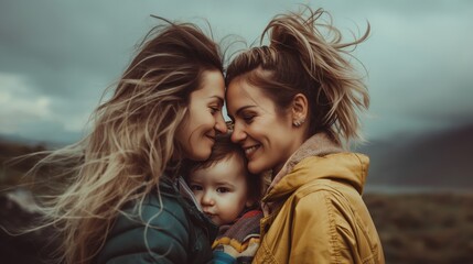 two mothers and child - obrazy, fototapety, plakaty