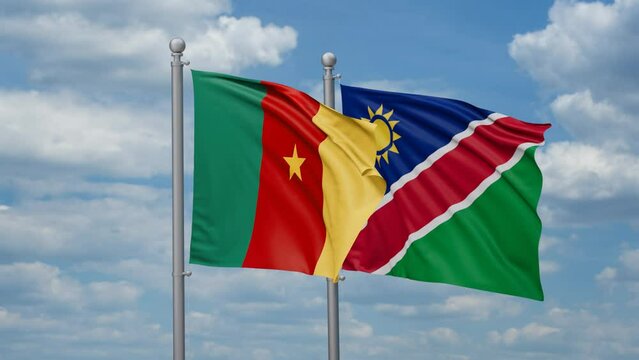 Cameroon and Namibia two flags waving together, looped video, two country relations concept