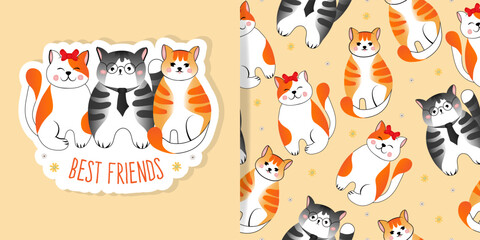 Set of card and seamless pattern with grey and red striped cats on orange background. Vector illustration for children, fabric.
