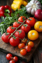Top view of fresh tomatoes of different varieties on a wooden board