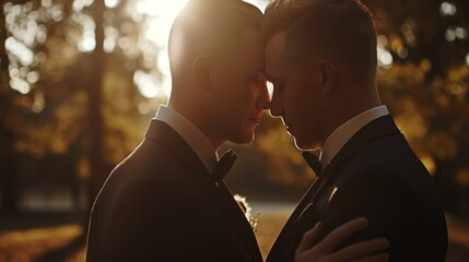 grooms kissing at sunset - obrazy, fototapety, plakaty