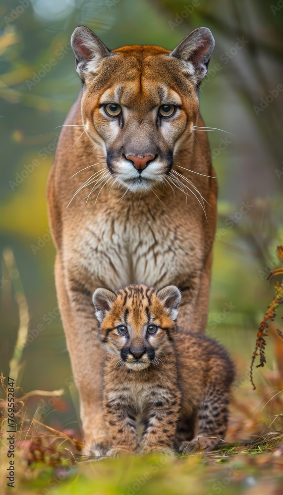 Poster male puma and cub portrait with empty space on the left for text, object on the right